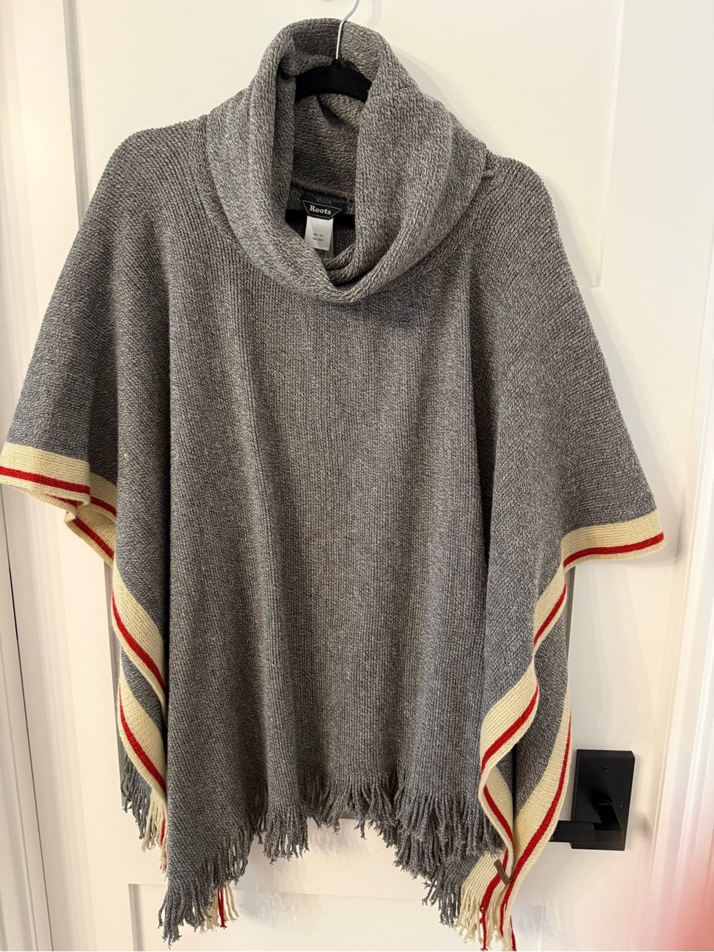 Roots Cabin Grey Knit Poncho with Cream and Red Stripe